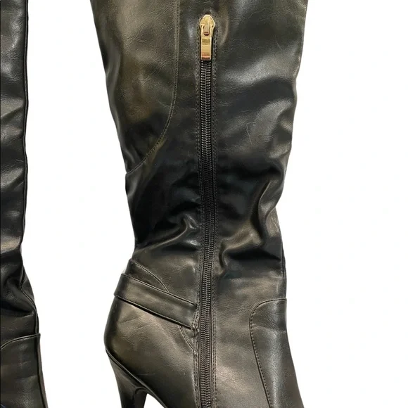 JustFab Over Knee Stiletto Platform Non Leather Black Boot Gold Buckle Detail 11 - Picture 4 of 7